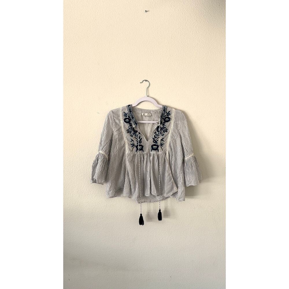 Zara TRF Embroidered Stripe Peasant Top